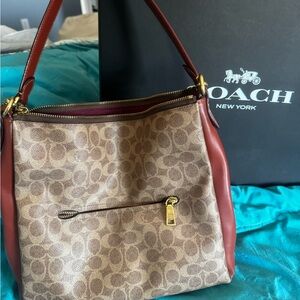 Coach Brown and Tan Signature Shoulder Bag
